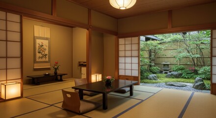 Serene Japanese Room with Tatami Mats and Garden View, Soft Lighting
