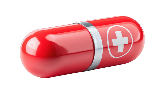 Close-up of a glossy red pill with a white cross