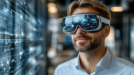 Innovative engineer wearing virtual reality glasses, exploring digital data visualization