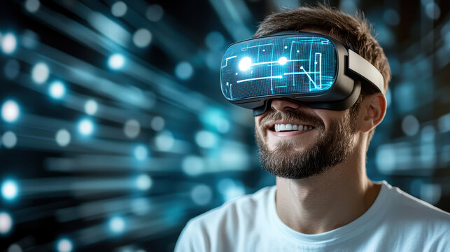 Immersive virtual reality experience with smiling man wearing VR headset, enjoying technology