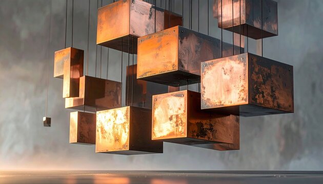 Metallic, hanging cubes; bronze, copper-toned art installation