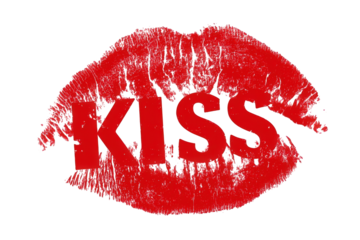 Red lipstick kiss-shaped graphic with text
