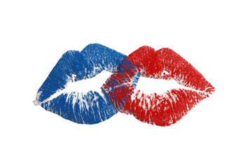 Abstract depiction of two kissing lips, split in blue and red