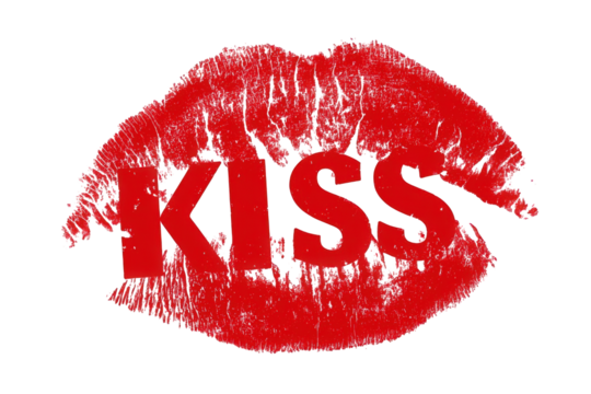 Red lipstick kiss-shaped graphic with text
