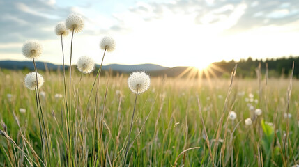 Dandelion flowers in field at sunset, creating serene and peaceful atmosphere