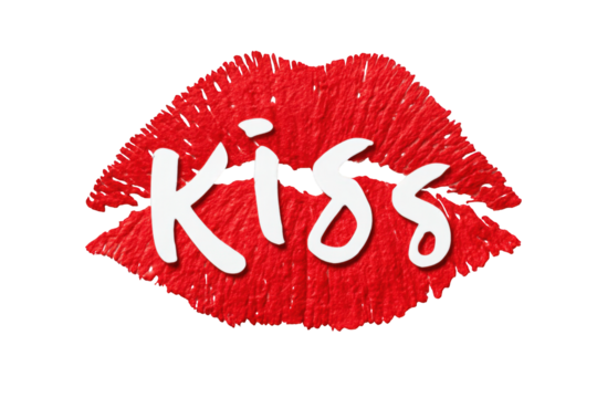 A red lip print graphic with the word "kiss" in white