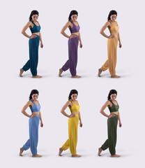 Fototapeta premium Mockup of colorful wide pants for yoga, top, on coach, side view, full height, isolated on background. Set