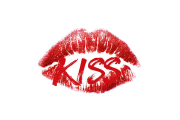 Red lipstick kiss-shaped graphic with the word "KISS" inside