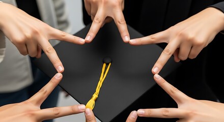 Graduation Celebration - Hands Forming Star Around Mortarboard.