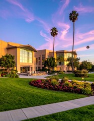 A low-angle shot of a modern, multi-story building with a landscaped garden under a vibrant, sunset sky. Palm trees rise tall
