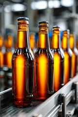 Bottling process of craft beer in a modern brewery during daytime at production facility