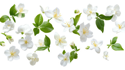 White flowers with green leaves, against a black background