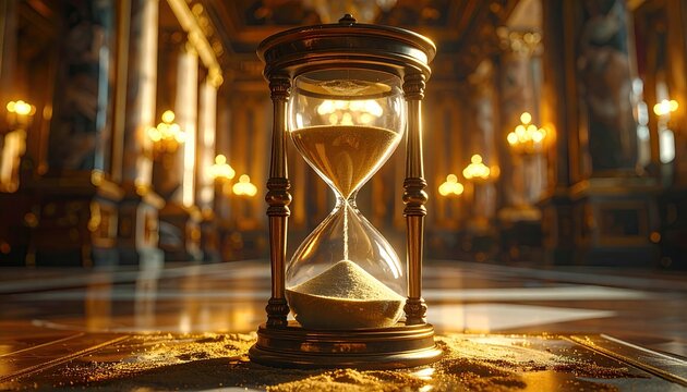 Hourglass with flowing sand amidst ornate hall