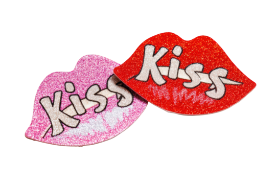 Two glittery lips, pink and red, forming a kiss shape with the word "Kiss" written on them