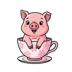 Adorable Piglet in Teacup - A Charming Cartoon Illustration.