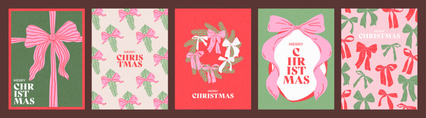 Hand drawn cards set of Merry Christmas and Happy New Year. Vintage concept with gift bows, Christmas tree branch and wreath. Minimalist trendy design for poster, cover, social media, banner, print © Anastasiya Stoma