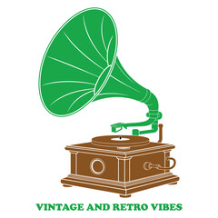 Vibrant Brown and Green Vintage Gramophone Music Player Graphic, Old gramophone isolated on white