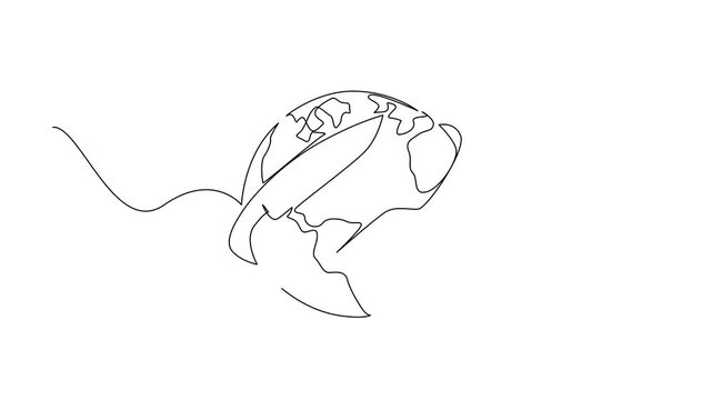 Animated self drawing of single continuous line drawing globe surrounded by forks and knives. Symbol of lack of food that is not suitable for consumption. World Hunger Day. Full length animation