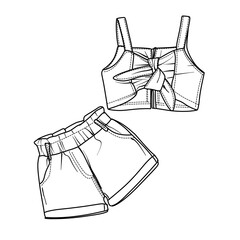 Hand drawn vector line art illustration Fashionable Two Piece Outfit for Women with Tie Front Crop Top and Shorts