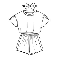 A stylish hand-drawn illustration featuring a crop top, shorts with side stripes, and a bow headband, perfect for fashion design and apparel concepts.