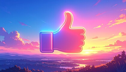 Vivid digital art depicting a neon thumbs-up against a colorful sunset landscape
