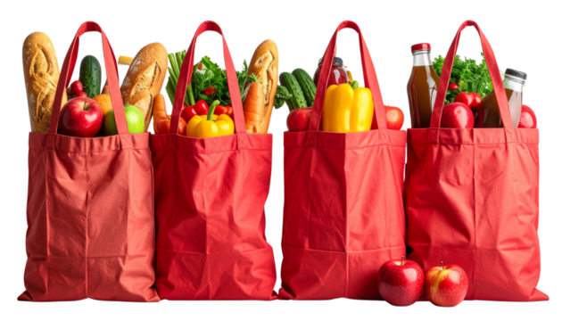 Set of Four Reusable Grocery Bags Filled with Fresh Food, Isolated on Transparent Background PNG - Powered by Adobe