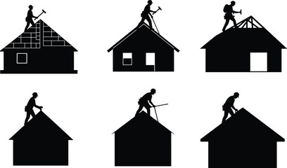 Construction worker silhouette fixing house roof with hammer, roofer repairing building, home renovation maintenance vector illustration