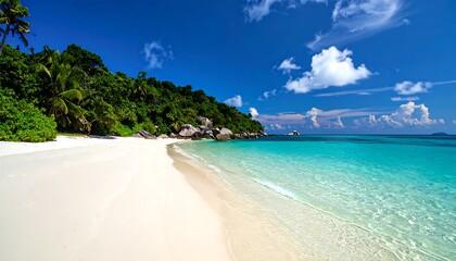Fototapeta premium White sandy beach with turquoise water and lush green hillside, bright blue sky with scattered clouds