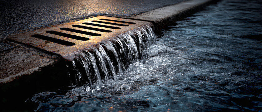 Storm drain hatch with flowing water beside a quiet street during early evening hours