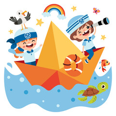 Kids Sailing On Origami Boat