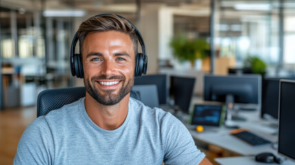 Smiling man wearing headphones in modern office environment, showcasing friendly demeanor