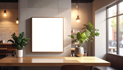 Square light box empty display on the wall in the cafe, blank screen for mock up