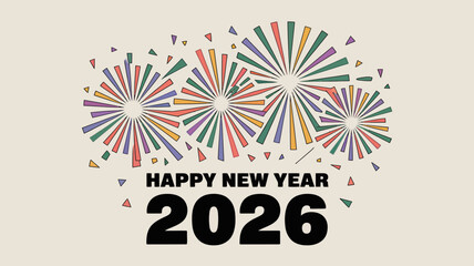 Fototapeta premium Happy new year 2026 celebration with colorful abstract fireworks and confetti on a light beige background