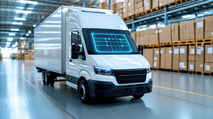 Autonomous delivery truck in warehouse with advanced technology interface