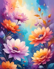 Vivid digital painting featuring large, stylized flowers against a vibrant, colorful background