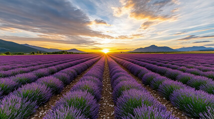 Fototapeta premium Lavender field at sunset with vibrant colors and serene atmosphere, showcasing nature beauty