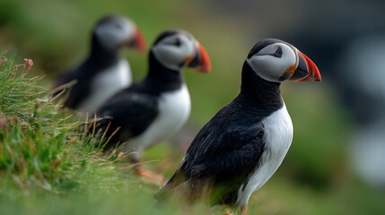 a detailed close up of atlantic puffins in green coastal grass
