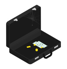 Isometric empty suitcase with some money left at bottom. Losses from high inflation and devaluation of national currency. Isolated cartoon vector on white background top view