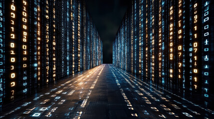 Digital tunnel binary code glowing numbers futuristic technology data visualization abstract
