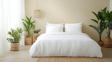 Minimal bedroom with white bedding, plants, and natural light creates serene atmosphere