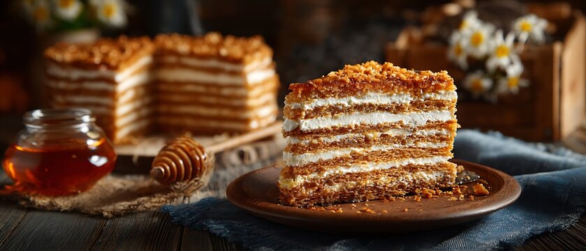 Sweet layered medovik cake slice from decorative box  
