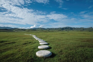 Serpentine stone path meanders across a verdant grassy plain under a vibrant blue sky, leading towards distant rolling hills