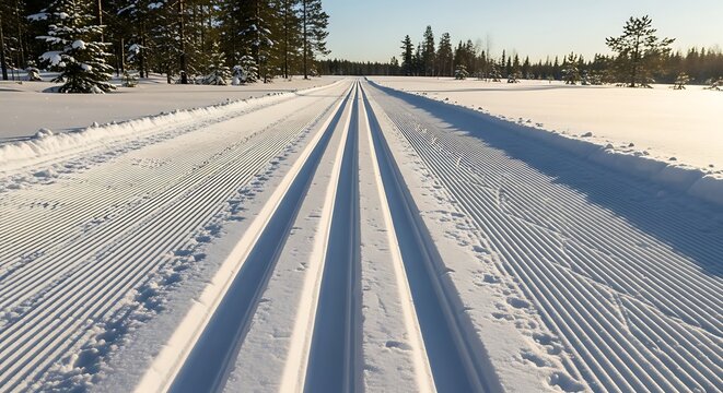 Cross-country skiing track through a snowy winter landscape.