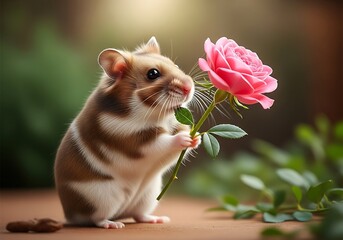 Adorable Hamster Holding a Pink Rose in a Garden Setting.