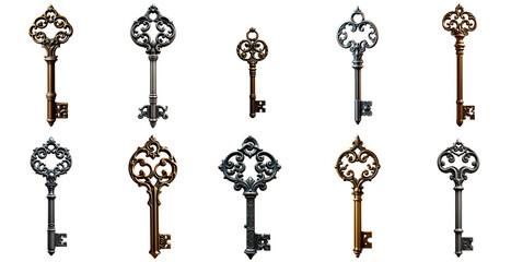 Antique key set on a transparent background
