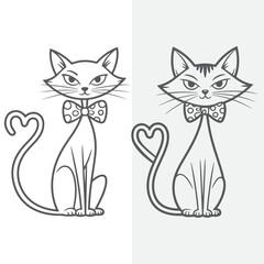  Line Drawings of Cats with Heart-Shaped Tails and Bow Ties