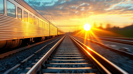 Fototapeta premium Golden sunset over railway tracks with train in distance creates nostalgic atmosphere