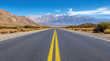 Endless road leading to majestic mountains clear blue sky, symbolizing freedom and adventure