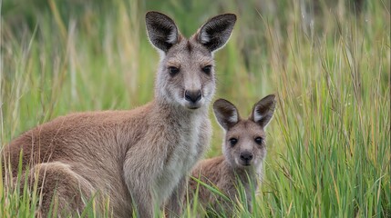 Fototapeta premium australian kangaroo with joey looking out from pouch in a green field 