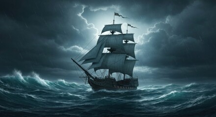 Ship sailing on stormy sea, dark clouds and rain, dramatic light shining above